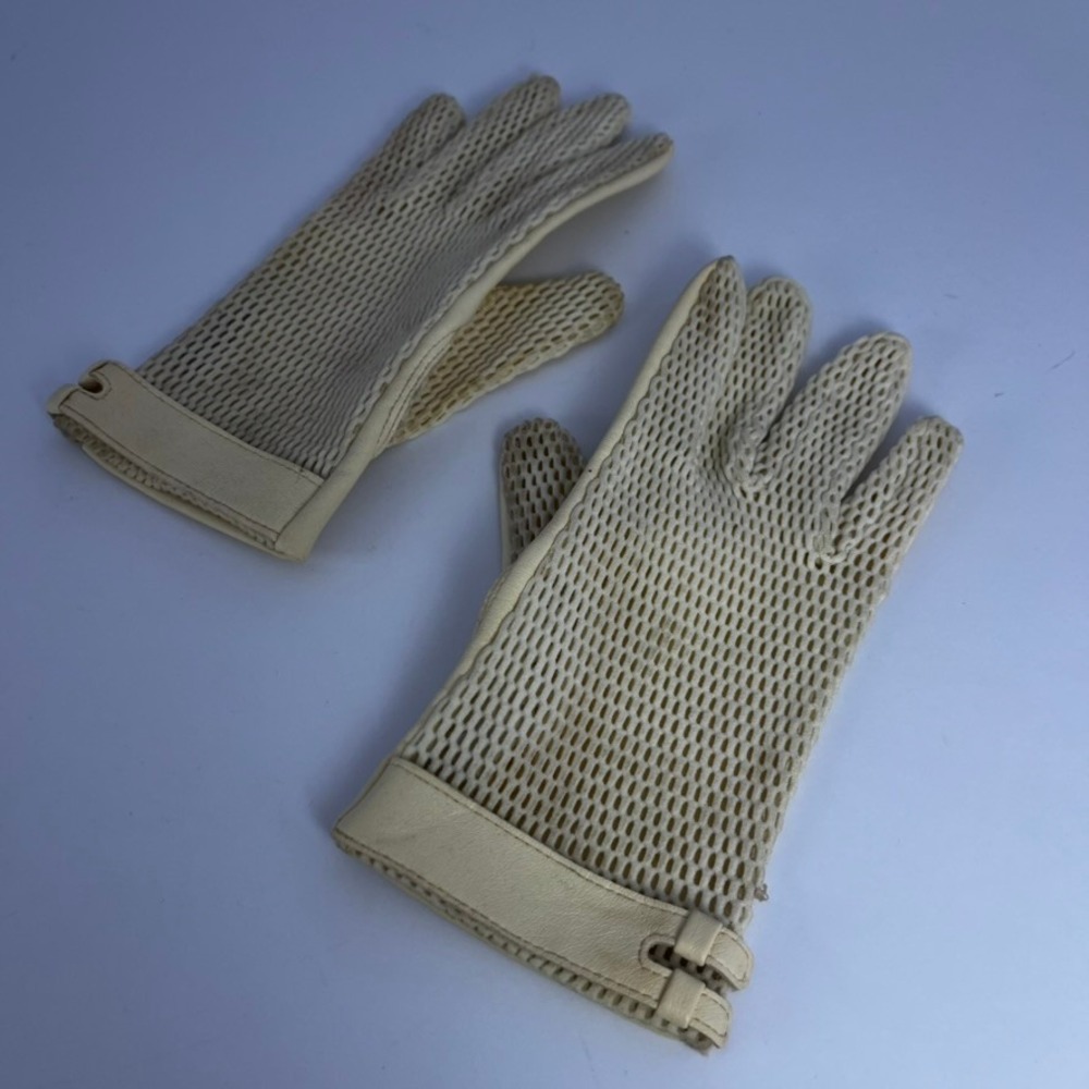 Vintage Cream Leather Crochet Mesh Driving Gloves British Hong Kong Retro - Picture 2 of 7